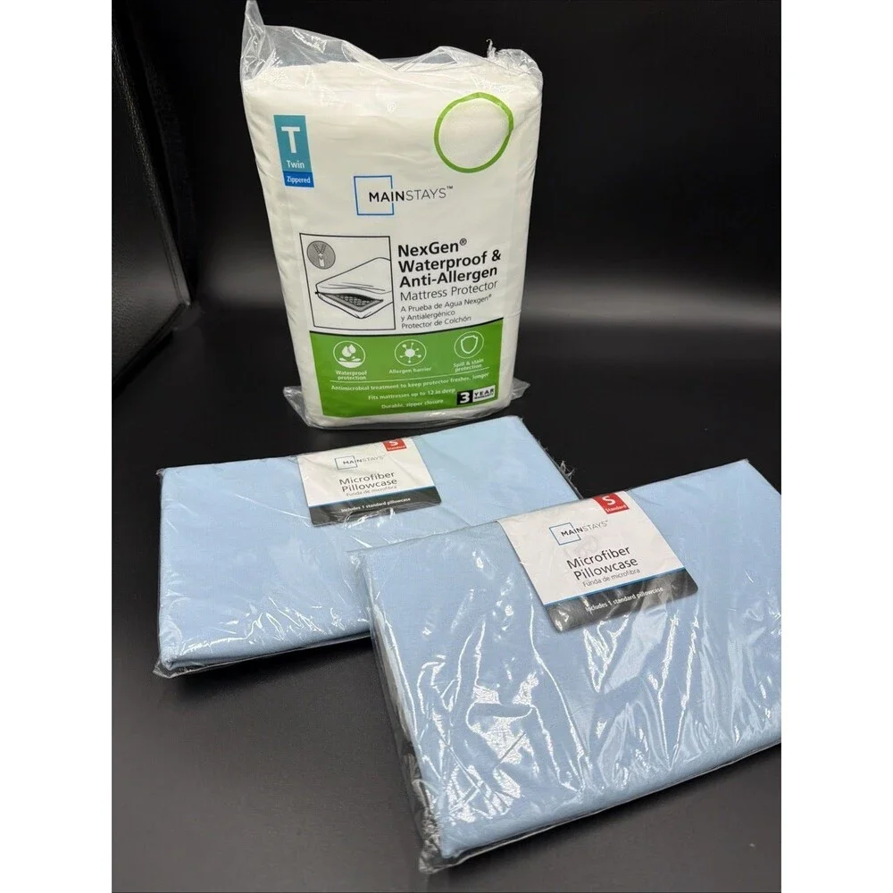New Mainstays Waterproof Anti-Allergen Zip Mattress Protector TWIN 2 Pillowcases